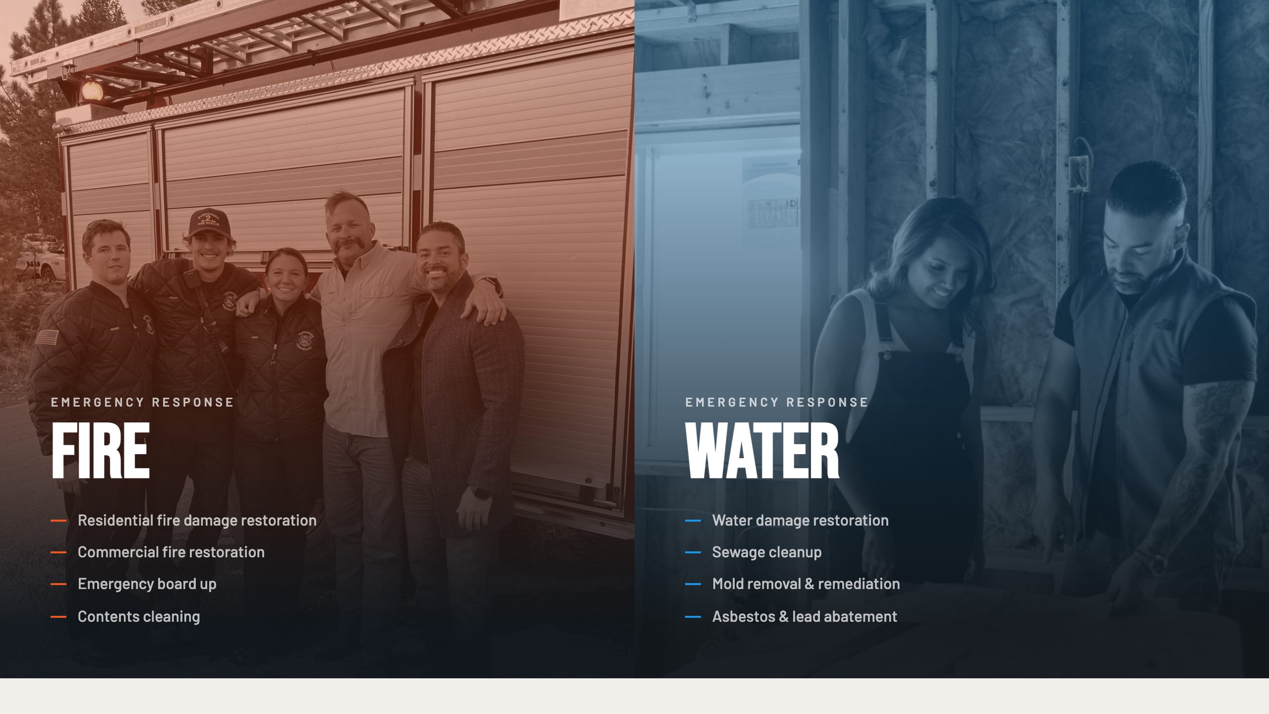 The emergency fire and water section of the new homepage